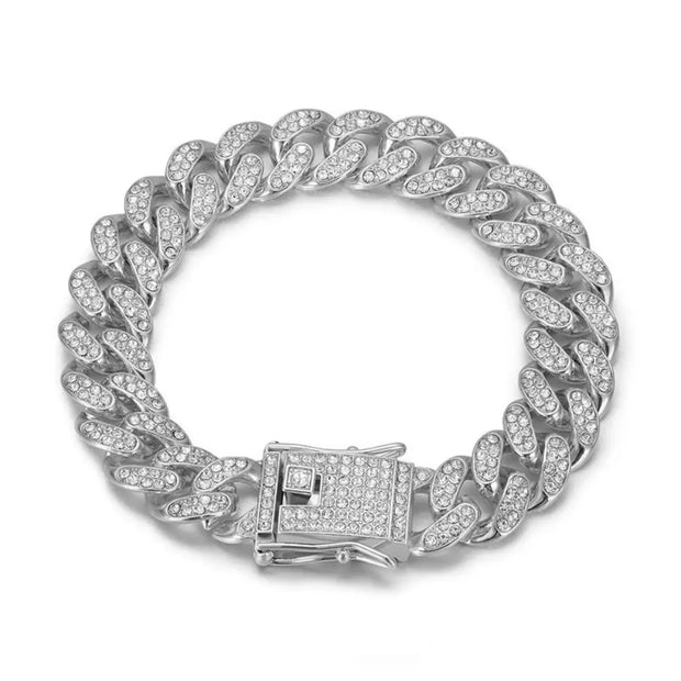 Shiny Cuban Chunky Chain Bracelets For Fashion Women Men Silver Color Rhinestone Bracelets