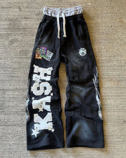 Y2k high-waisted splicing drawstring casual pants alphabet embroidery old dark straight pants retro new hip hop men pants