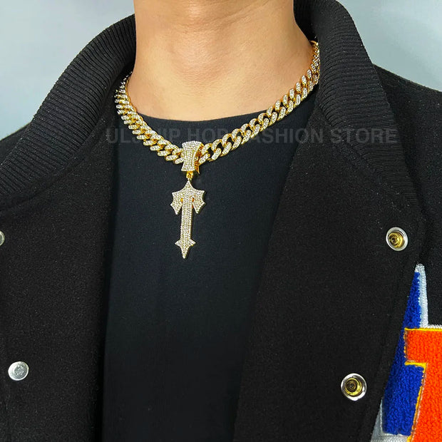 ULJ Men Women Hip Hop Iced Out Cross Sword Necklaces with 12mm Cuban Chain HipHop Pendant Fashion Charm Jewelry