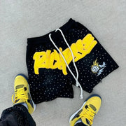 American Y2K Trendy Letter Printed Diamond Shorts Men's Street Fashion Basketball Shorts Hip-hop Rap Clothing Loose Sweatpants