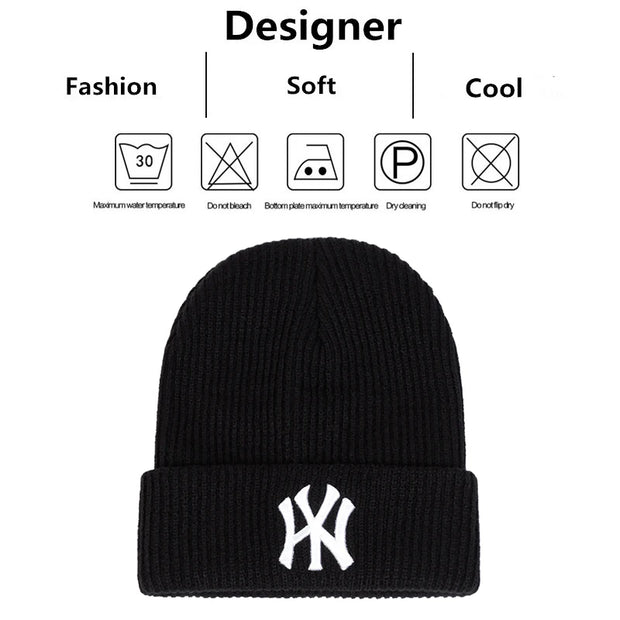 Unisex WY Letter Embroidery Beanies Autumn Winter Warm Hat Hip Caps for Women Men