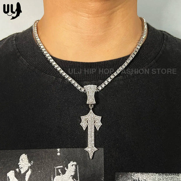 ULJ Men Women Hip Hop Iced Out Cross Sword Necklaces with 12mm Cuban Chain HipHop Pendant Fashion Charm Jewelry