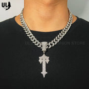 ULJ Men Women Hip Hop Iced Out Cross Sword Necklaces with 12mm Cuban Chain HipHop Pendant Fashion Charm Jewelry